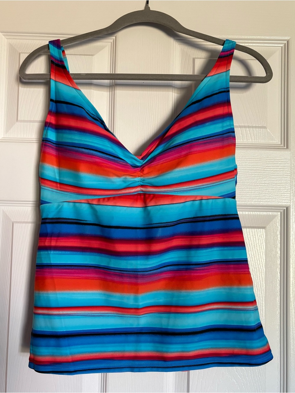 Striped V-Neck Tankini Top in Turquoise & Coral